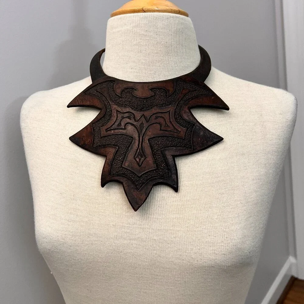 Vintage Leather Breastplate Choker Engraved Necklace Statement Piece African